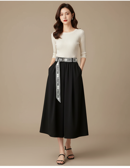 Pantalon Japonais Noir Fluide Ample Ceinture Casual - Polyester