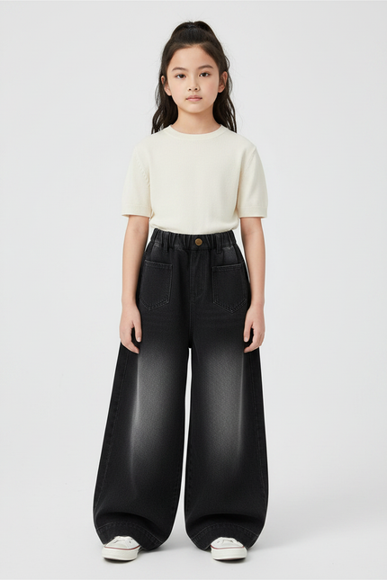 Pantalon Japonais Noir Délavé Ample Denim Fille - Jean
