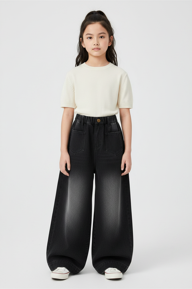 Pantalon Japonais Noir Délavé Ample Denim Fille - Jean