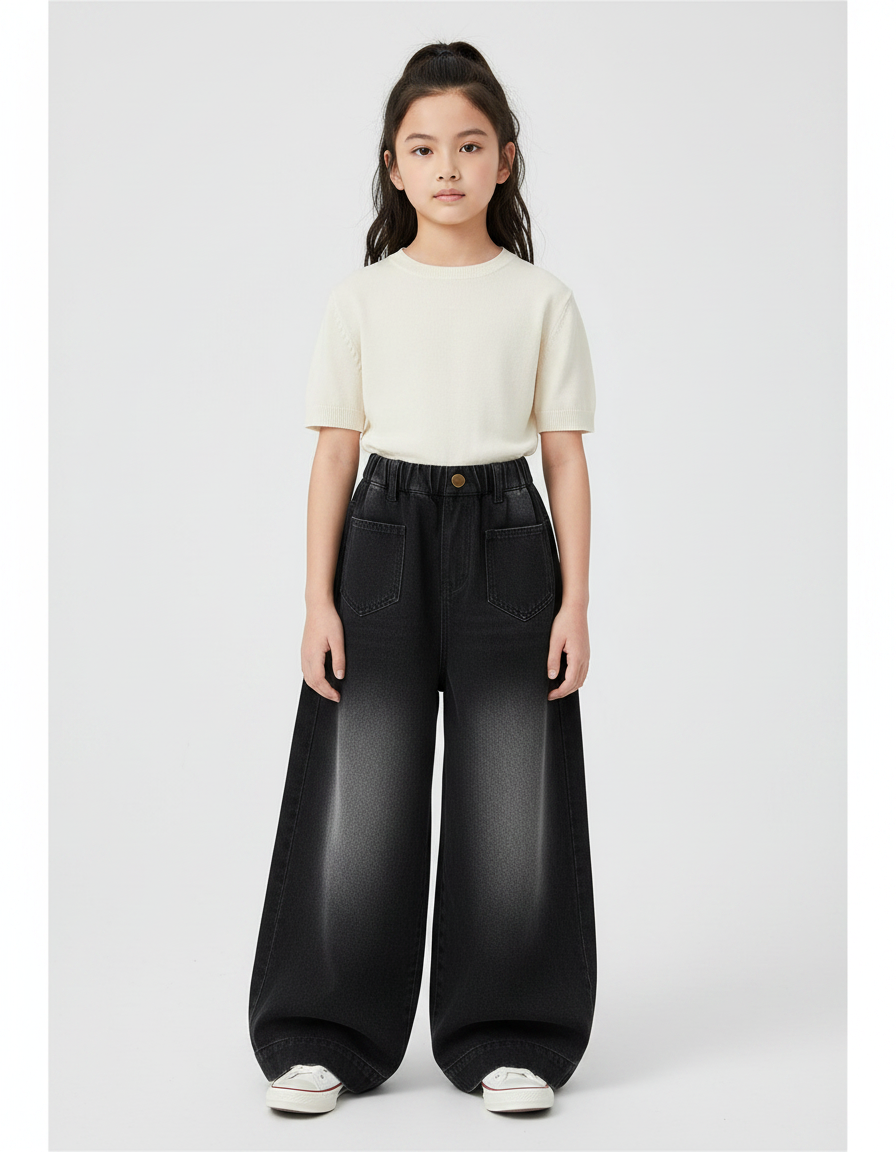 Pantalon Japonais Noir Délavé Ample Denim Fille - Jean