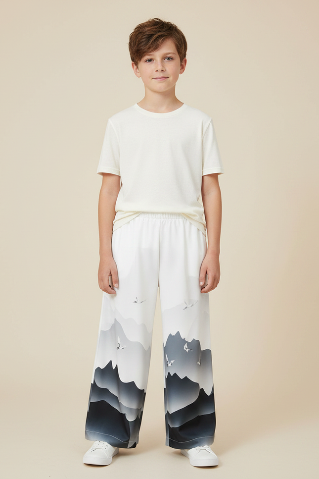 Pantalon Japonais Ample Montagnes Grises Fluide Unisexe - Imprimé Polyester