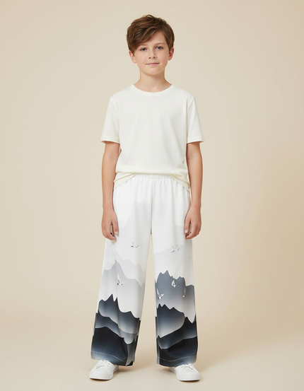Pantalon Japonais Ample Montagnes Grises Fluide Unisexe - Imprimé Polyester