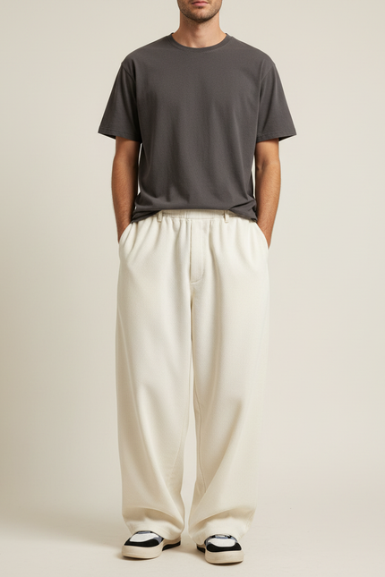 Pantalon Japonais Crème Velours Côtelé Ample Élastique Décontracté - Beige Cordé