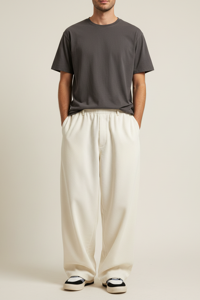 Pantalon Japonais Crème Velours Côtelé Ample Élastique Décontracté - Beige Cordé