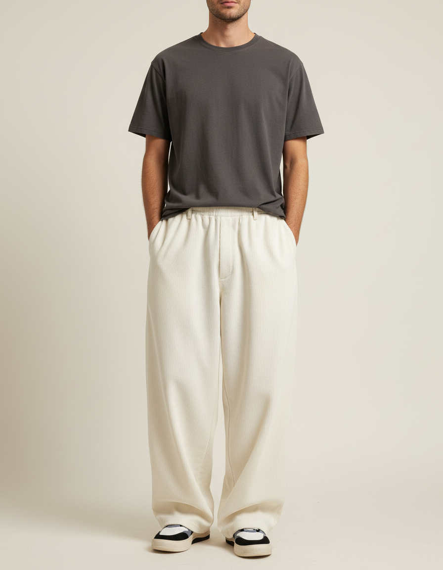 Pantalon Japonais Crème Velours Côtelé Ample Élastique Décontracté - Beige Cordé