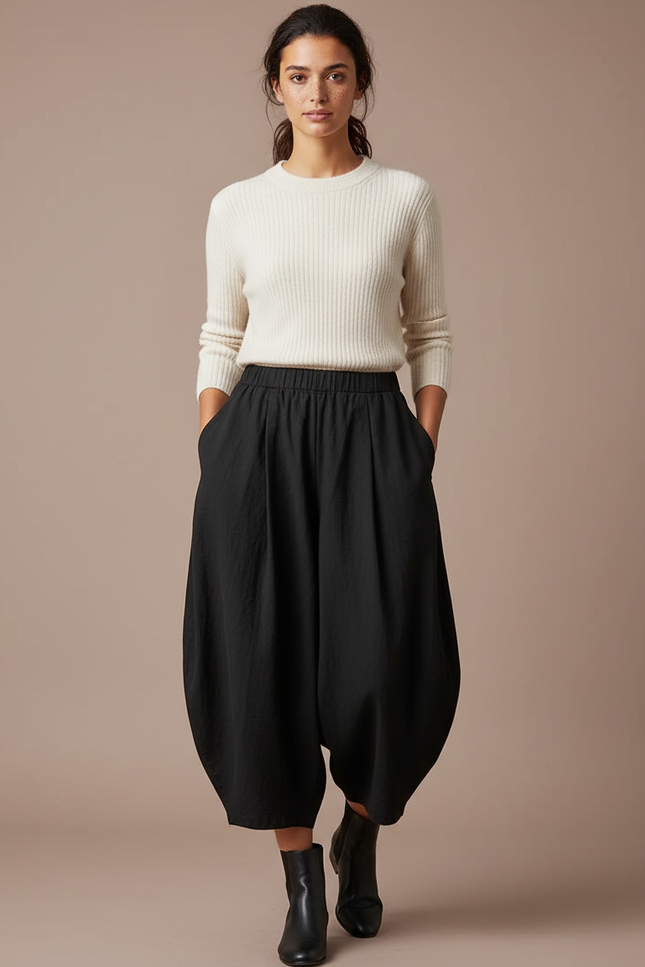 Pantalon Japonais Noir Fluide Ample Harem Femme - Lin