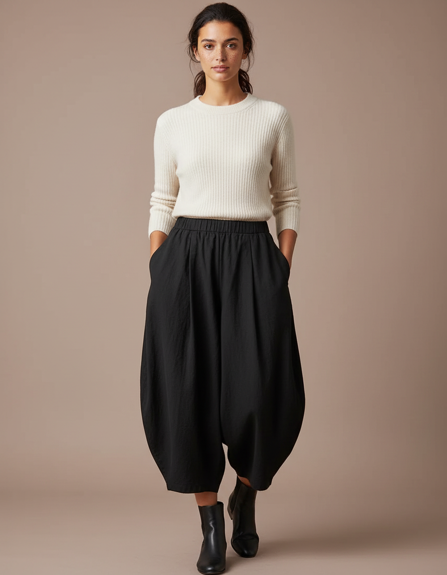 Pantalon Japonais Noir Fluide Ample Harem Femme - Lin