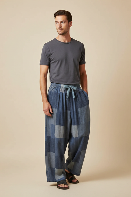 Pantalon Japonais Patchwork Ample Coton Lin Décontracté - Bleu