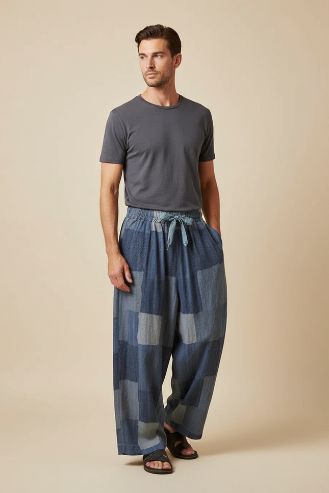 Pantalon Japonais Patchwork Ample Coton Lin Décontracté - Bleu