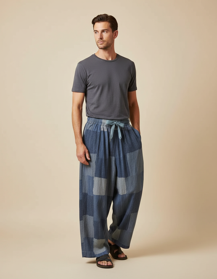 Pantalon Japonais Patchwork Ample Coton Lin Décontracté - Bleu
