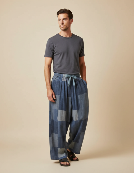 Pantalon Japonais Patchwork Ample Coton Lin Décontracté - Bleu