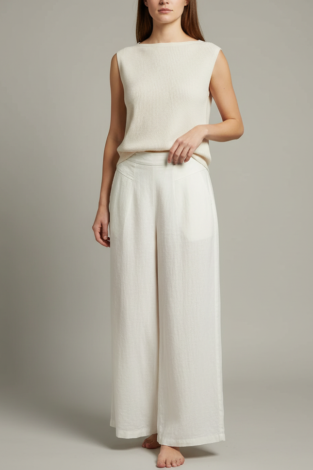 Pantalon Japonais Blanc Cassé Ample Lin Fluide Décontracté