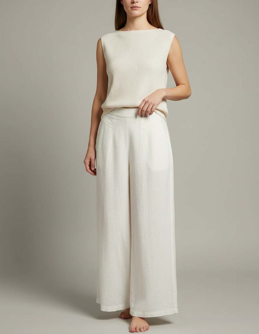 Pantalon Japonais Blanc Cassé Ample Lin Fluide Décontracté