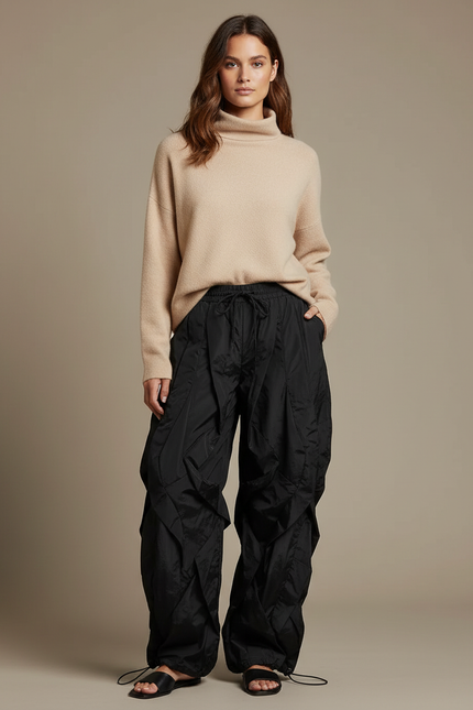 Pantalon Japonais Noir Cargo Ample Fluide Femme - Polyester