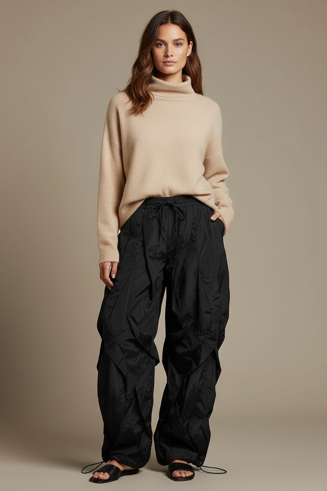 Pantalon Japonais Noir Cargo Ample Fluide Femme - Polyester