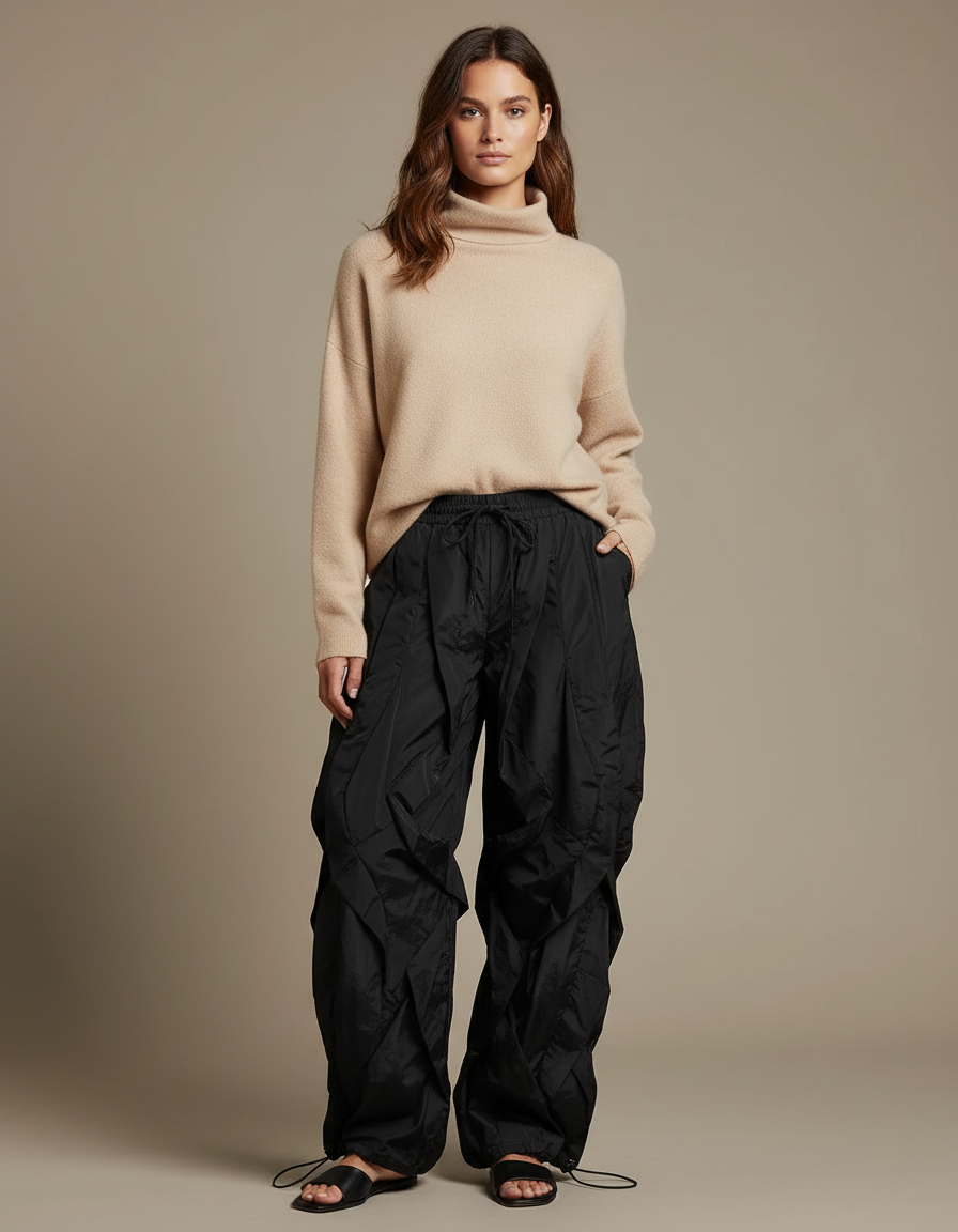 Pantalon Japonais Noir Cargo Ample Fluide Femme - Polyester