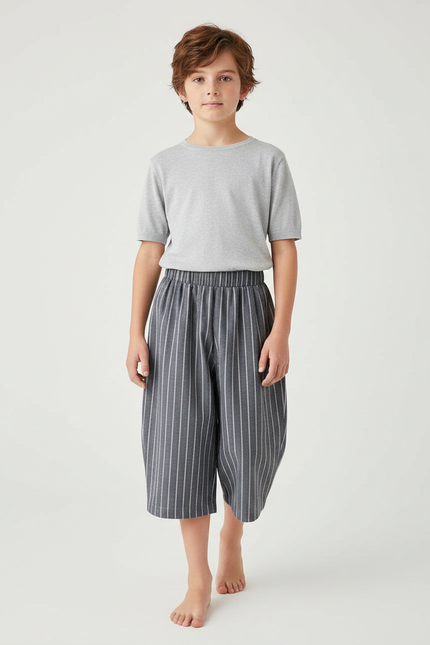 Pantalon Japonais Rayé Gris Ample Fluide Coton