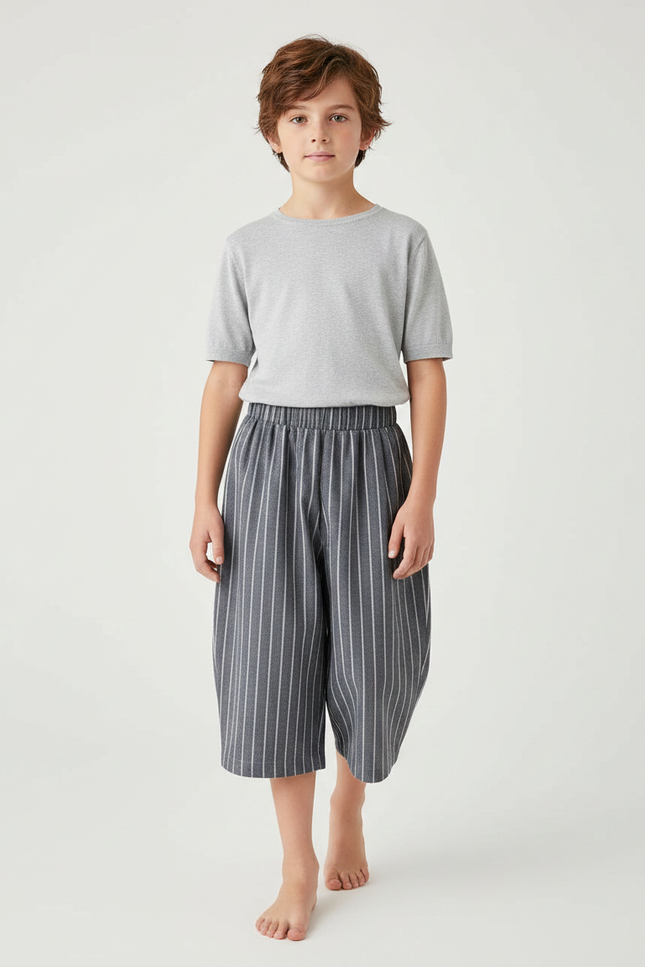 Pantalon Japonais Rayé Gris Ample Fluide Coton