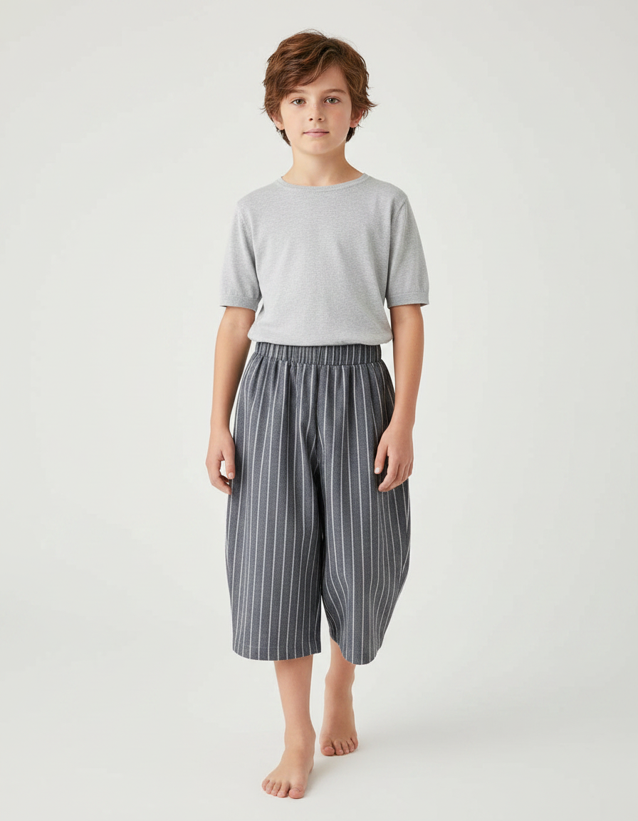 Pantalon Japonais Rayé Gris Ample Fluide Coton