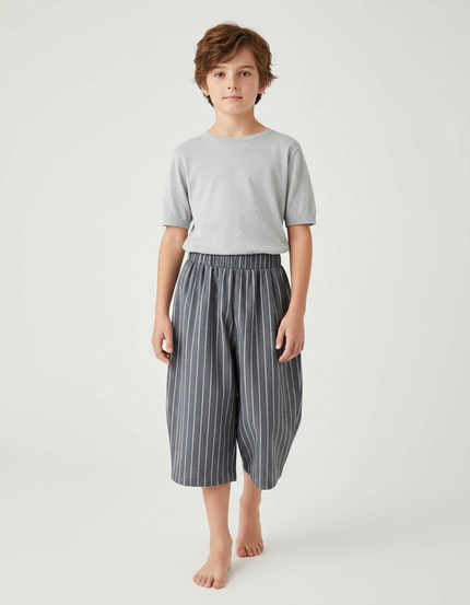 Pantalon Japonais Rayé Gris Ample Fluide Coton