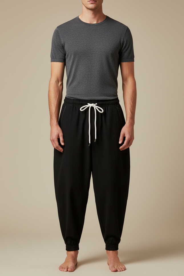 Pantalon Japonais Noir Ample Texturé Confortable Homme - Maille