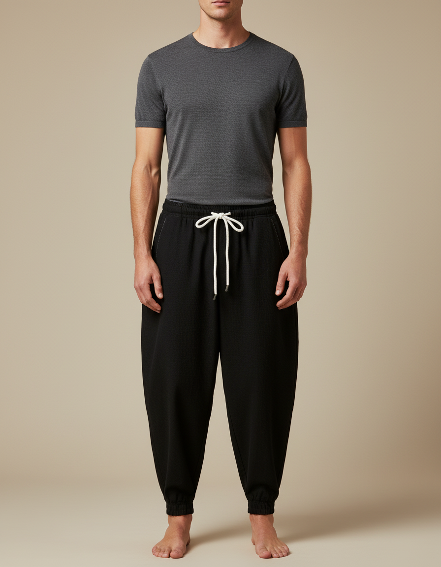 Pantalon Japonais Noir Ample Texturé Confortable Homme - Maille
