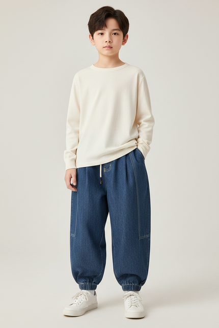 Pantalon Japonais Denim Bleu Ample Élastiqué Enfant - Jean