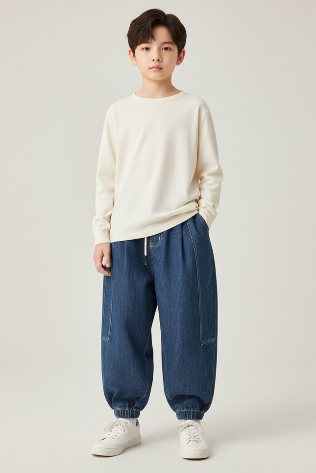 Pantalon Japonais Denim Bleu Ample Élastiqué Enfant - Jean