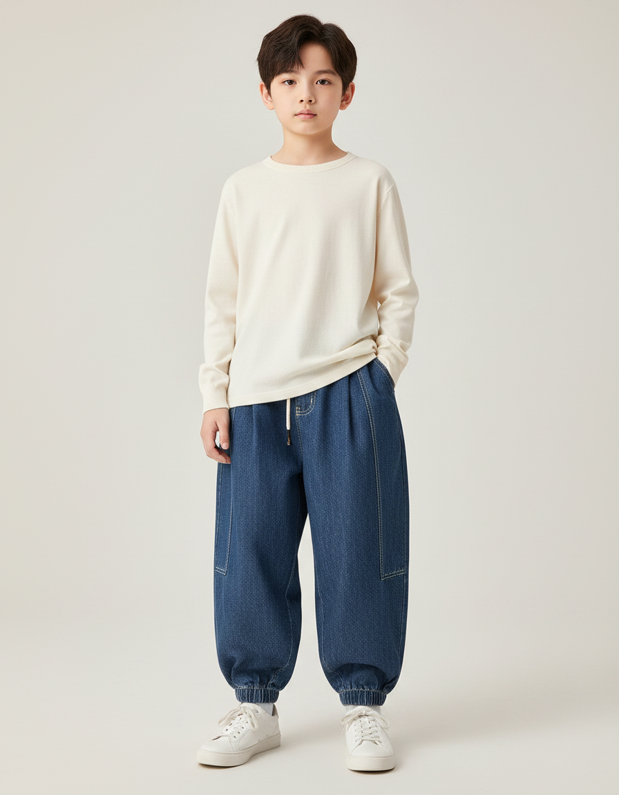 Pantalon Japonais Denim Bleu Ample Élastiqué Enfant - Jean