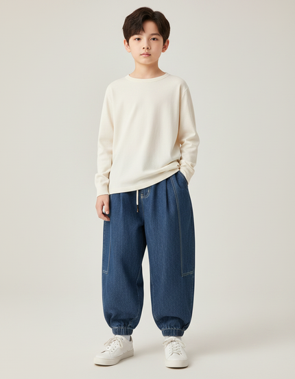 Pantalon Japonais Denim Bleu Ample Élastiqué Enfant - Jean