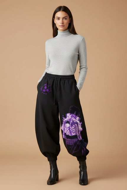 Pantalon Japonais Noir Ample Imprimé Anime - Molleton