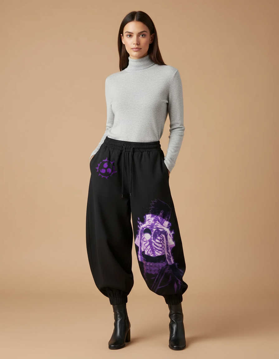 Pantalon Japonais Noir Ample Imprimé Anime - Molleton