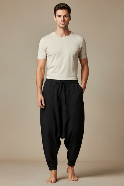 Pantalon Japonais Noir Lin Ample Sarouel Décontracté Homme