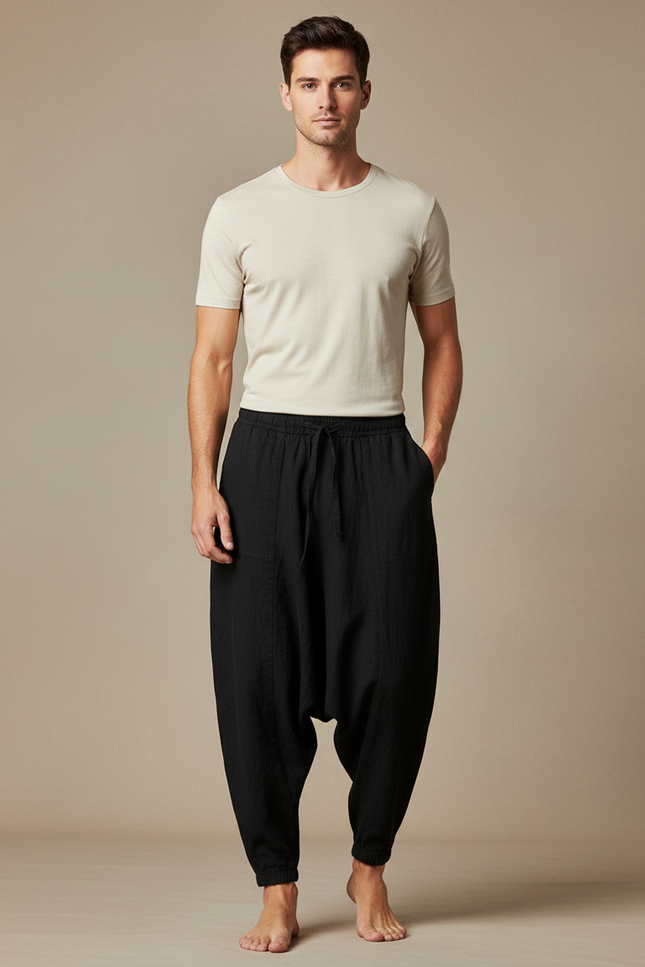 Pantalon Japonais Noir Lin Ample Sarouel Décontracté Homme