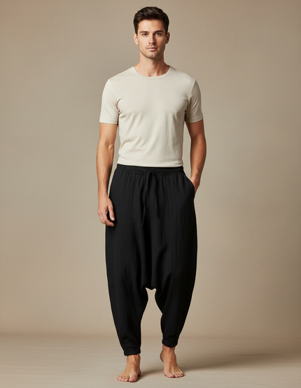 Pantalon Japonais Noir Lin Ample Sarouel Décontracté Homme