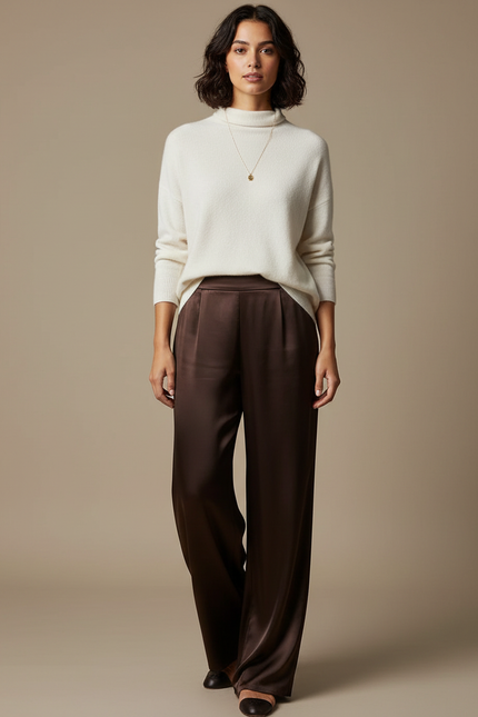 Pantalon Japonais Marron Satin Fluide Ample Élégant