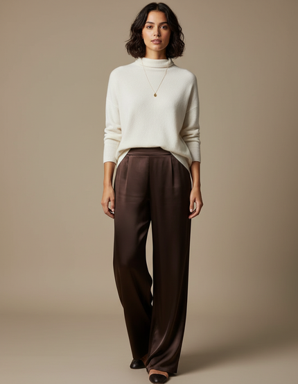 Pantalon Japonais Marron Satin Fluide Ample Élégant