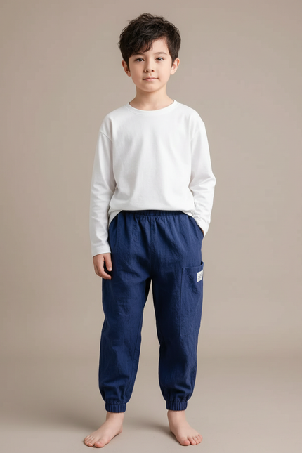 Pantalon Japonais Coton Lin Bleu Ample Enfant