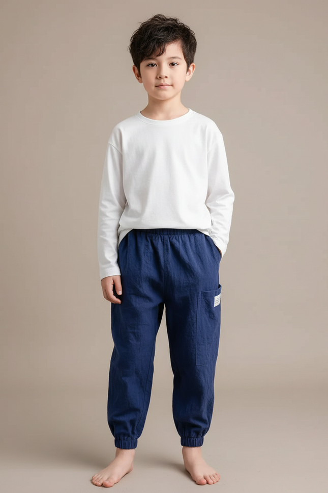 Pantalon Japonais Coton Lin Bleu Ample Enfant