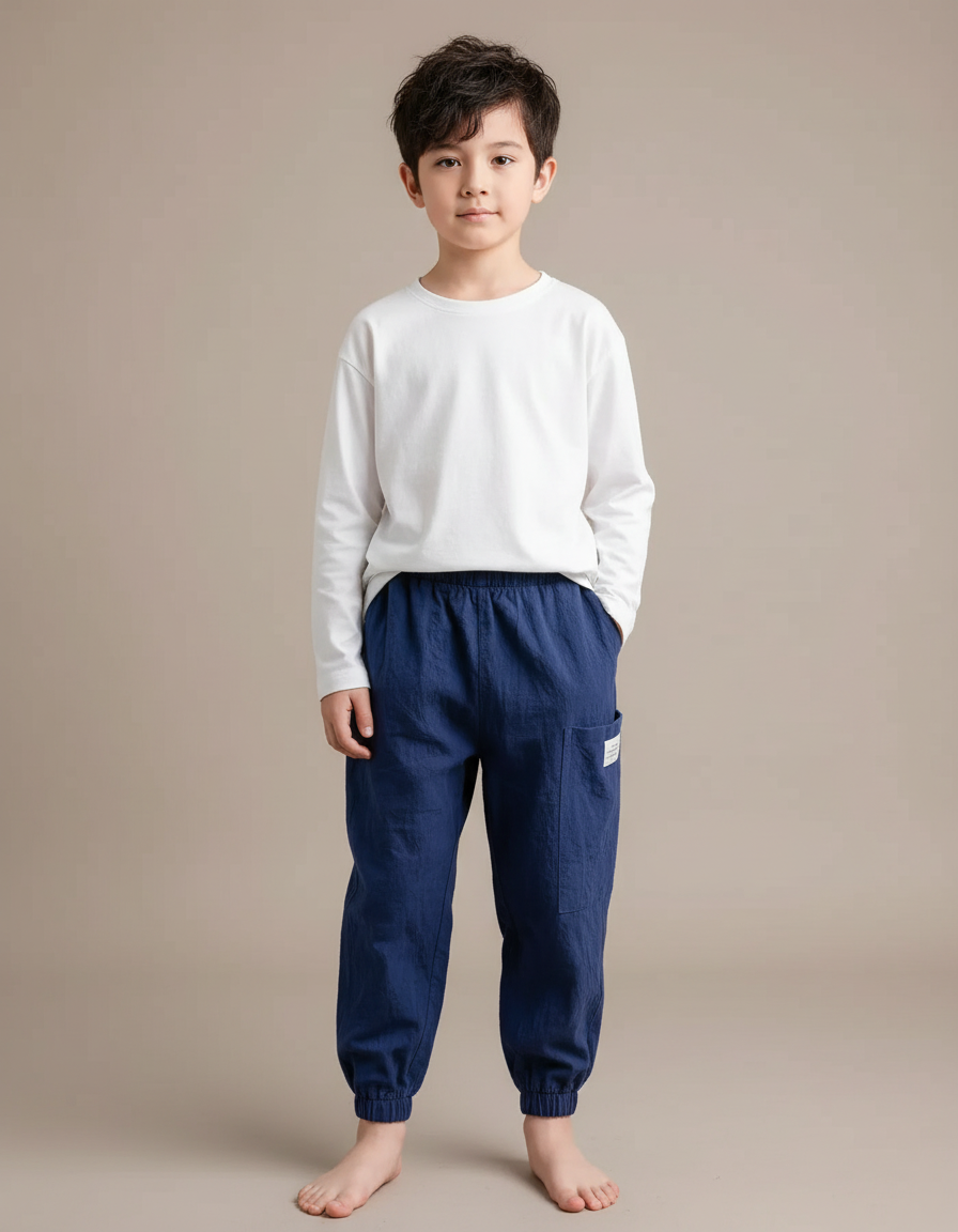 Pantalon Japonais Coton Lin Bleu Ample Enfant