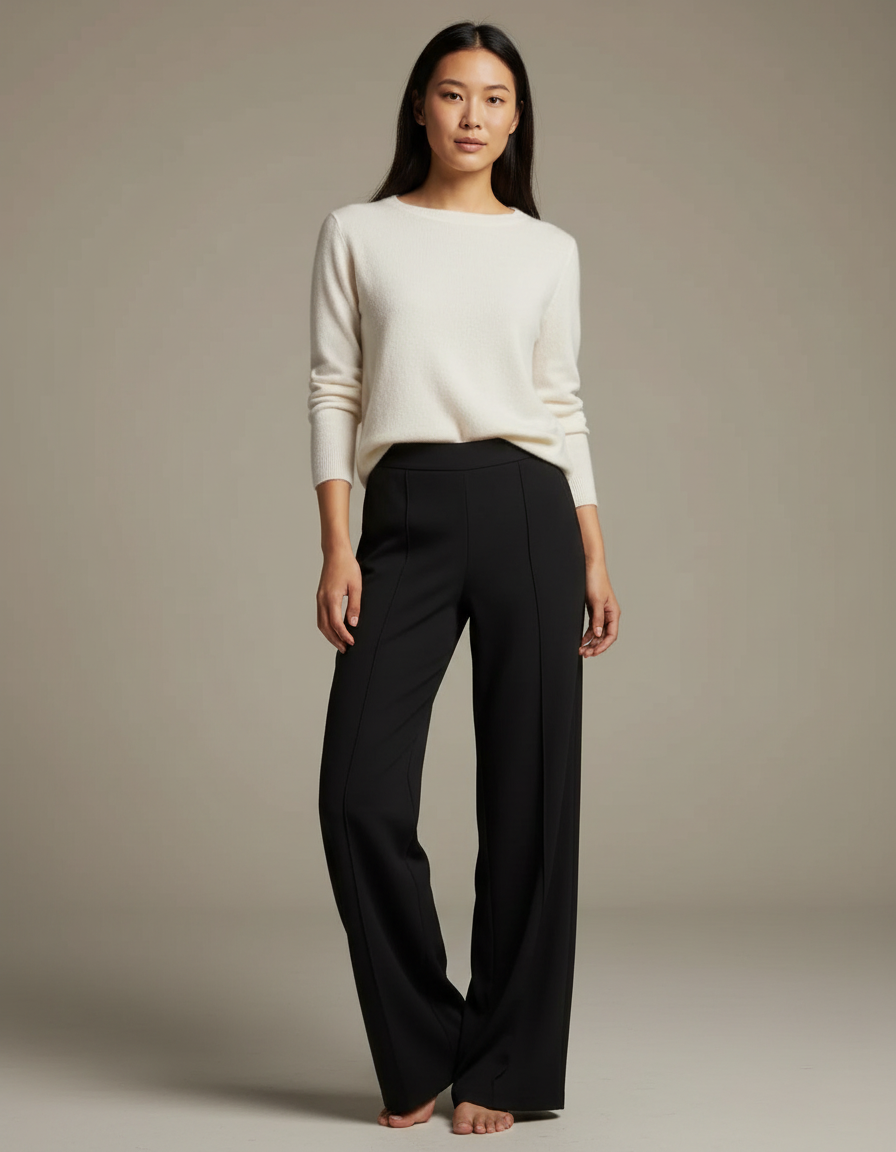 Pantalon Japonais Noir Fluide Élégant Femme Droit - Polyester
