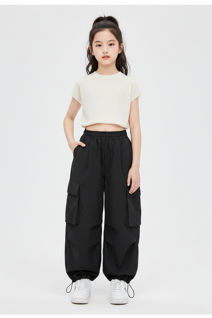Pantalon Japonais Noir Cargo Ample Streetwear Enfant - Polyester