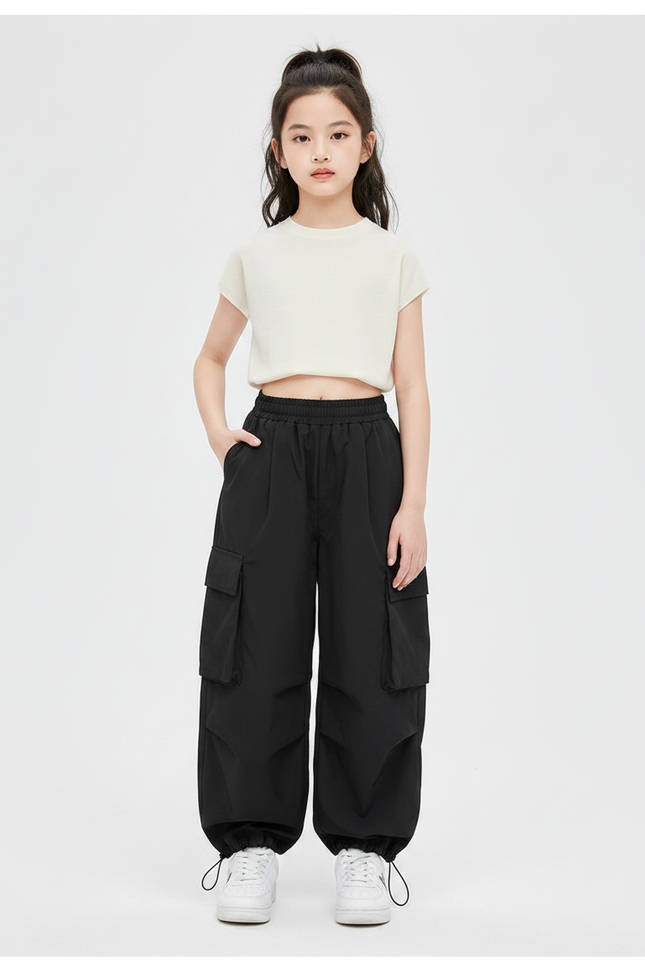 Pantalon Japonais Noir Cargo Ample Streetwear Enfant - Polyester