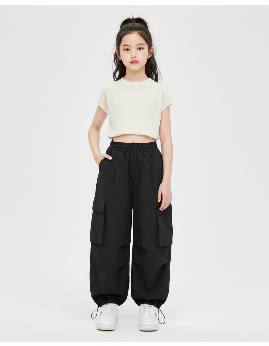 Pantalon Japonais Noir Cargo Ample Streetwear Enfant - Polyester