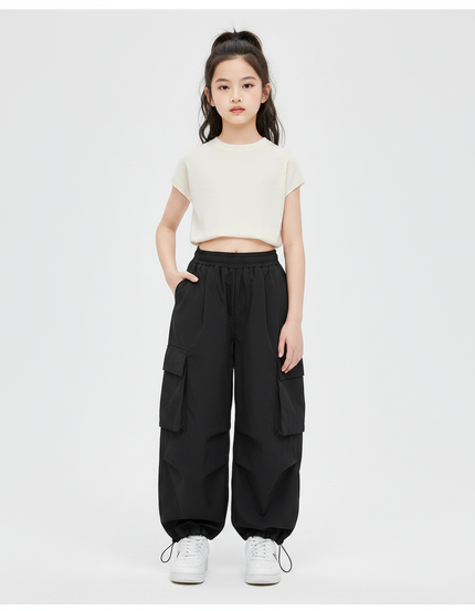 Pantalon Japonais Noir Cargo Ample Streetwear Enfant - Polyester