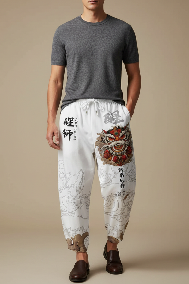 Pantalon Japonais Blanc Imprimé Lion Ample Cordon Homme - Lin