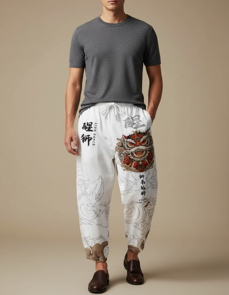 Pantalon Japonais Blanc Imprimé Lion Ample Cordon Homme - Lin