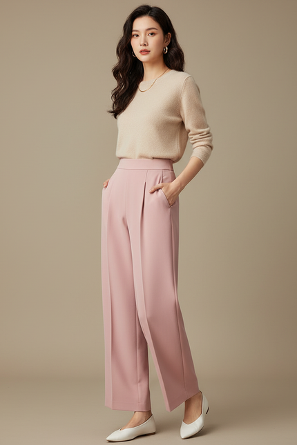 Pantalon Japonais Rose Fluide Ample Taille Haute Femme - Polyester