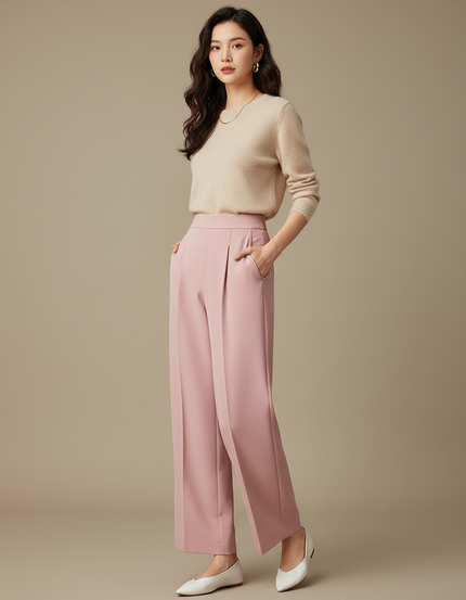 Pantalon Japonais Rose Fluide Ample Taille Haute Femme - Polyester