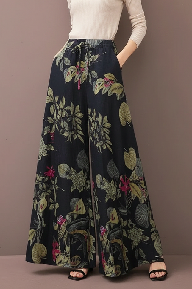 Pantalon Japonais Fluide Ample Floral Bohème Femme - Imprimé Lin